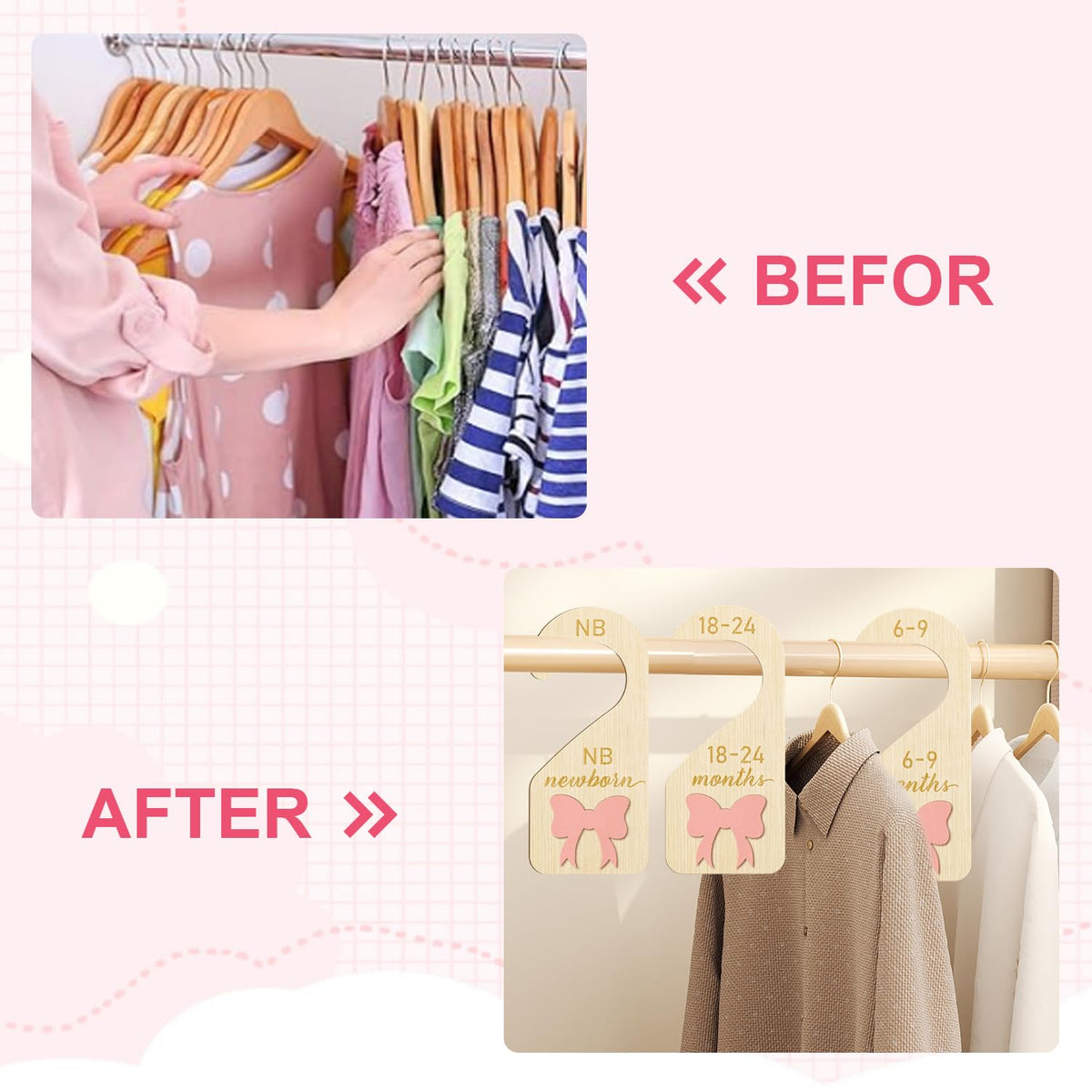 7Pcs Wooden Baby Wardrobe Dividers, 3D Coquette Pink Bow Baby Clothes Dividers from Newborn to 24 Month