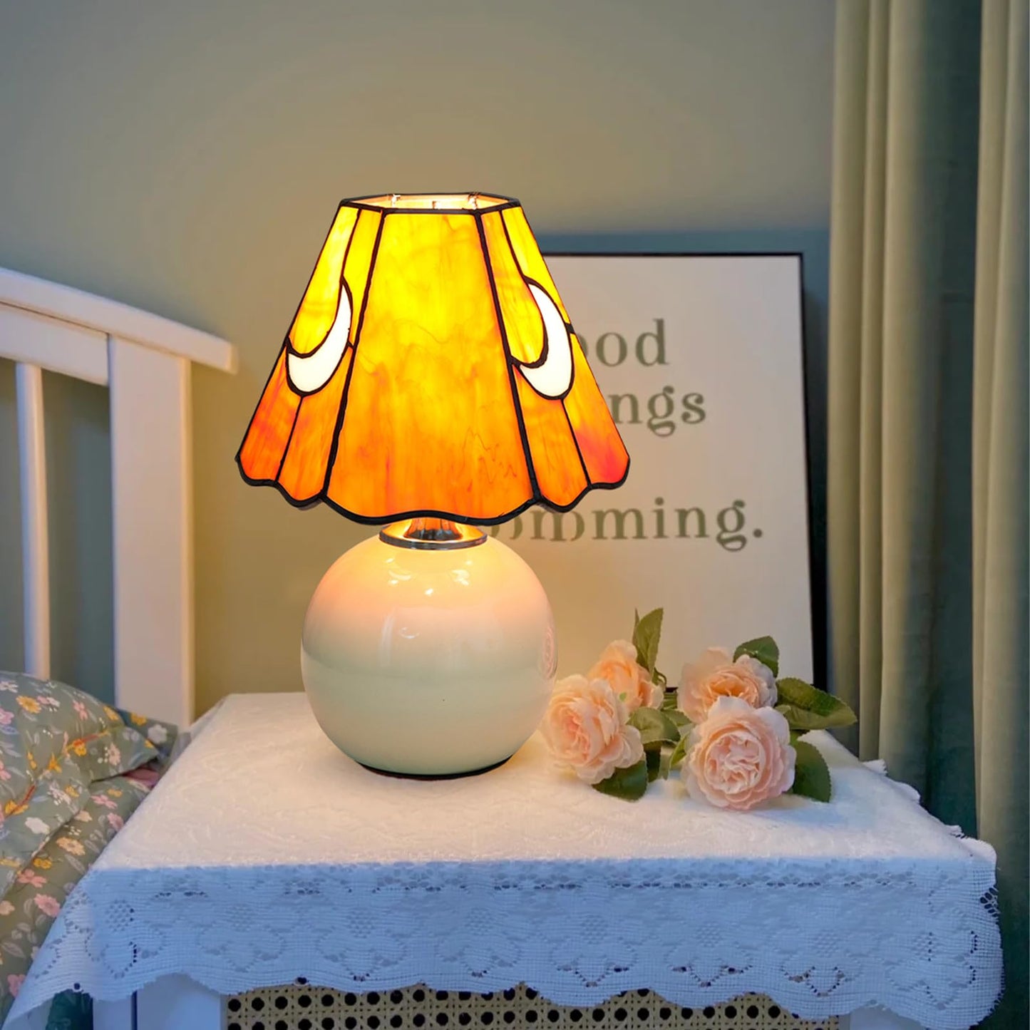KIPHEPI Mushroom Lamp Small Bedside Table Lamp-Nightstand Orange Glass Moon Nightlight for Bedroom Dorm Living Kitchen, Tiffany Style Aesthetic Cute