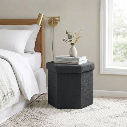 PINPLUS Boucle Ottoman Storage, Hexagonal Foldable Footrest, Dark Grey
