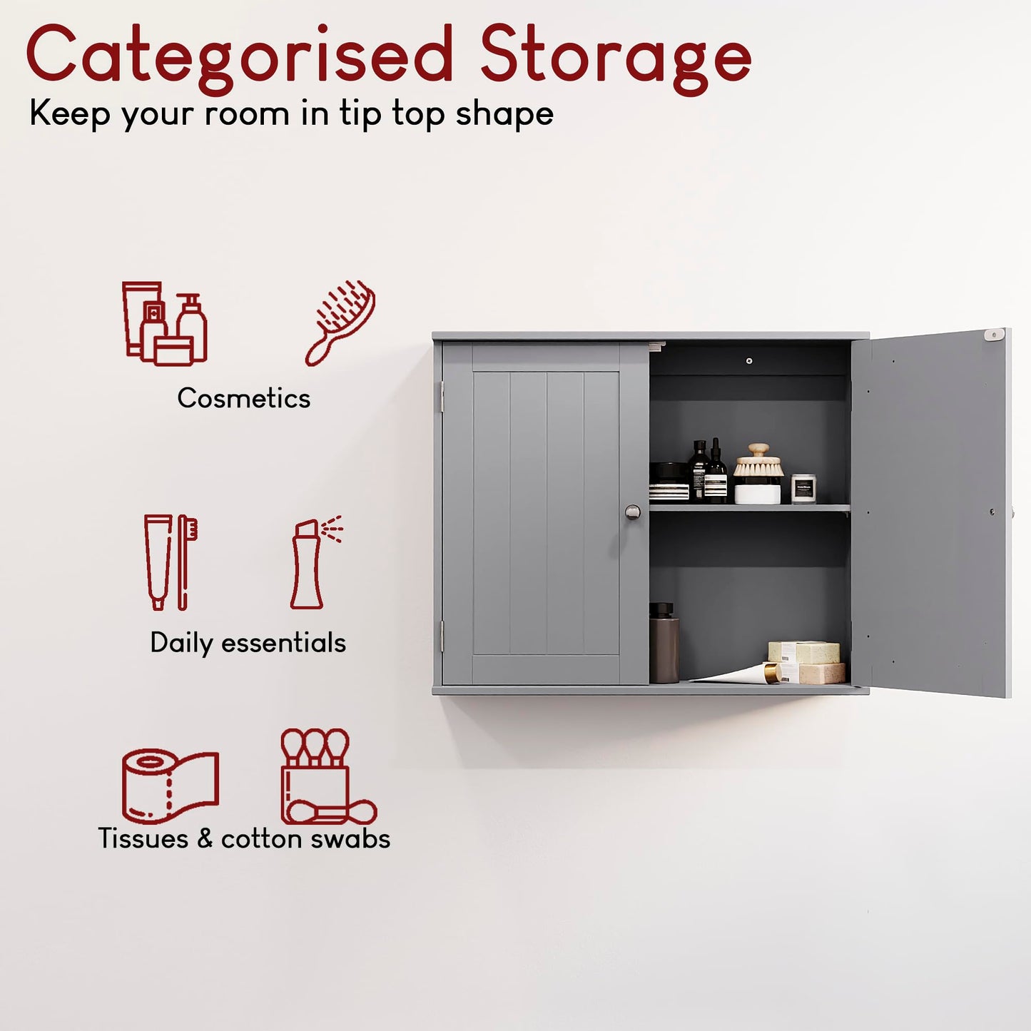 Bath Vida Priano Bathroom Cabinet Double Door Wall Mounted Storage Shelf, Grey