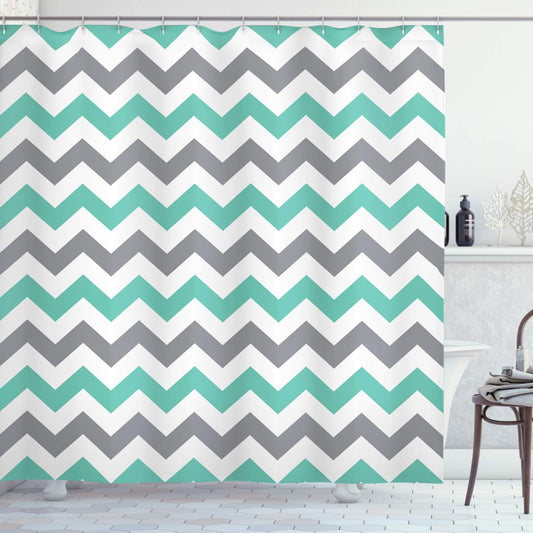 ABAKUHAUS Chevron Shower Curtain, Chevron Pattern Geometric Wavy Zigzag Herringbone Stripes Illustration, Cloth Fabric Bathroom Decor Set with Hooks,
