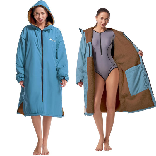Hiturbo Waterproof Adult Changing Robe: Windproof Warm Swimming Robe Oversized Coat Surf Poncho with Fleece Lining Blue
