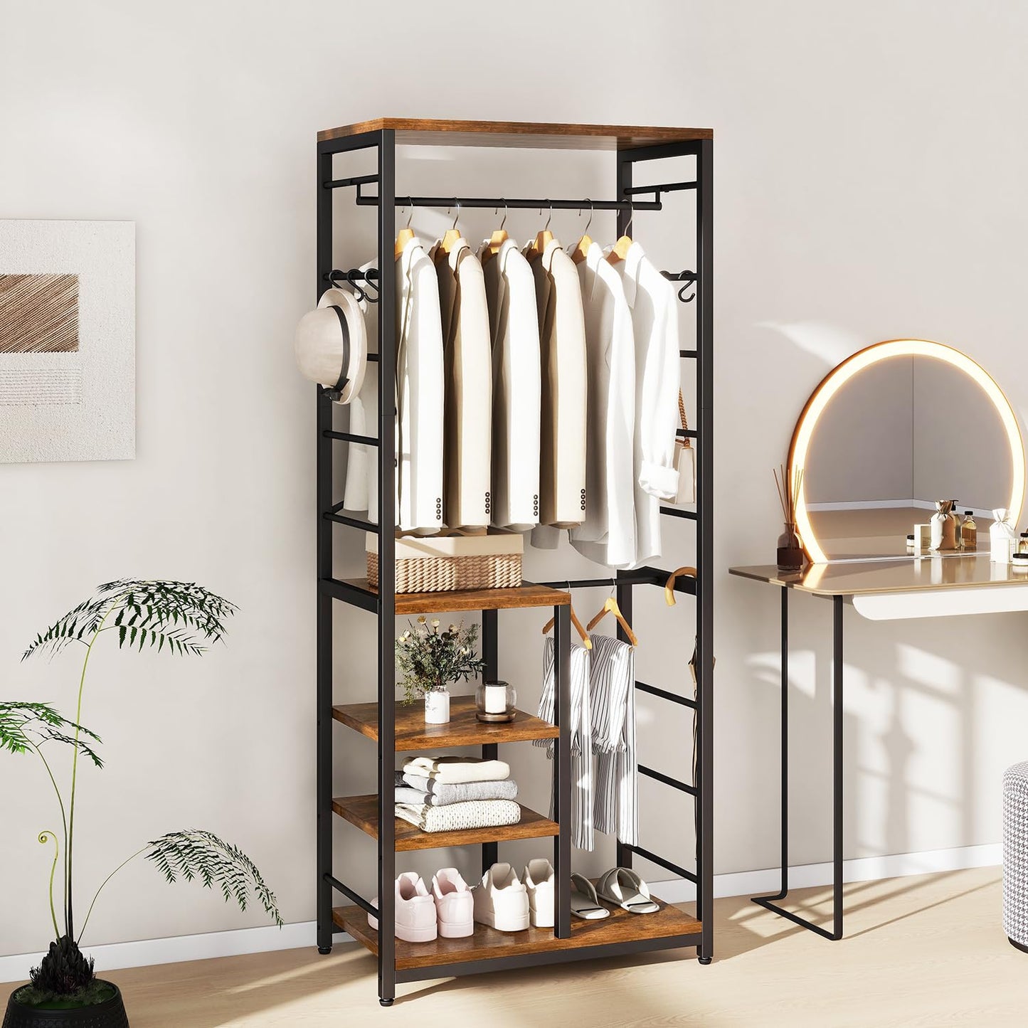 IBUYKE Coat Rack,Coat Stand on Wheels with 6 Hooks,Rustic Brown TMJ089H