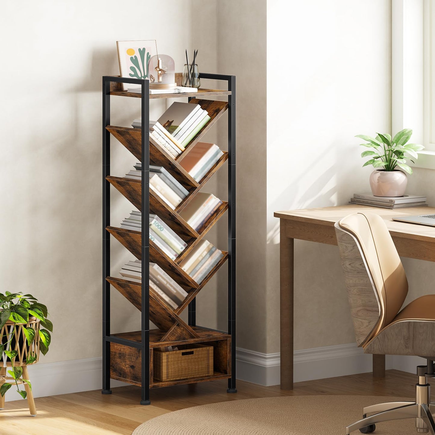 HOOBRO Tree Bookshelf with Storage, 9-Tier Floor Standing Shelf with Upper Shelf & Compartment, Tall CD/DVD/Book Organiser, for Living Room, Bedroom