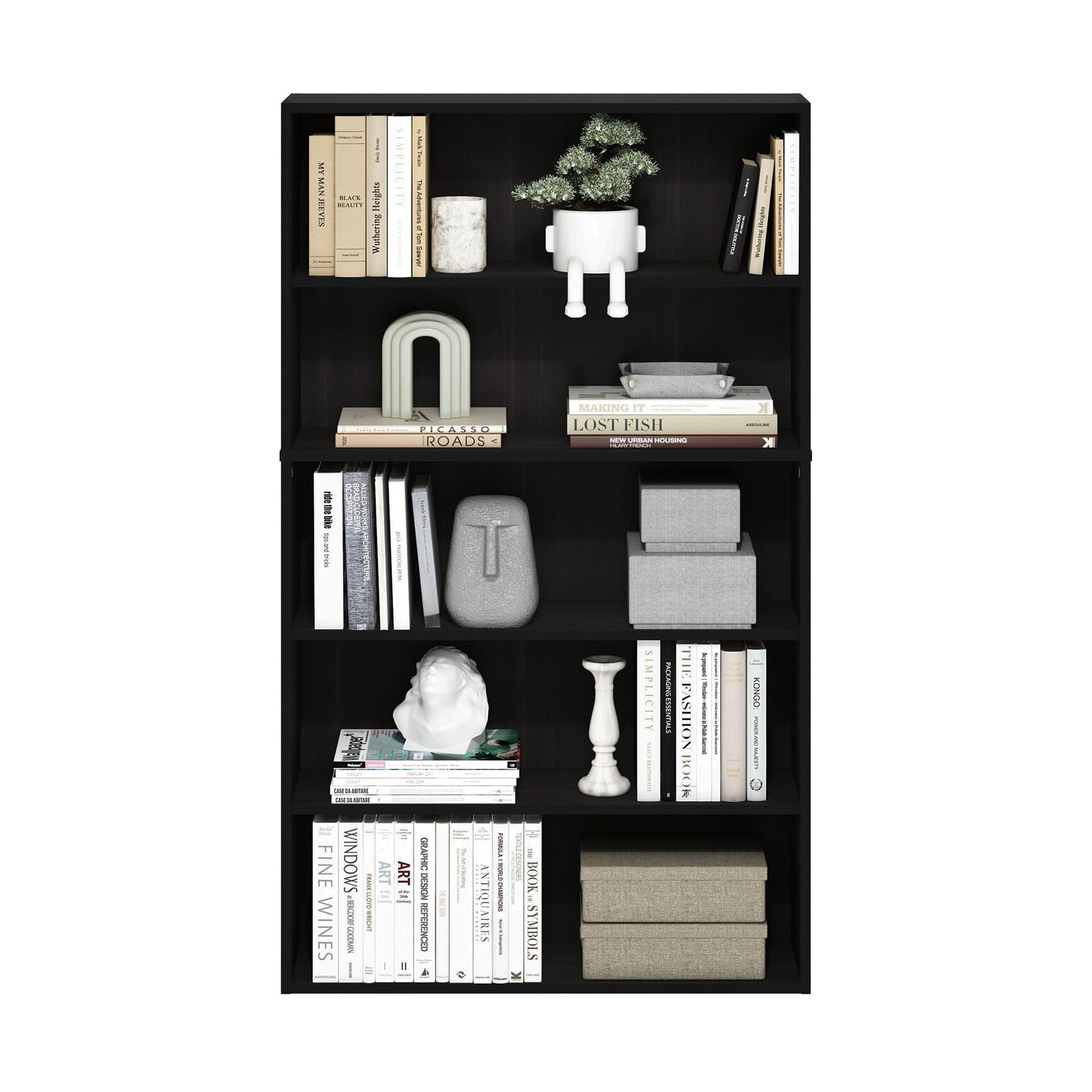 Furinno PASIR Book Shelf, 5-Tier Bookshelf, Bookcase with Open Shelf, 9.4 x 31.5 x 52.7, for Living Room, Bedroom, Home Office, Espresso