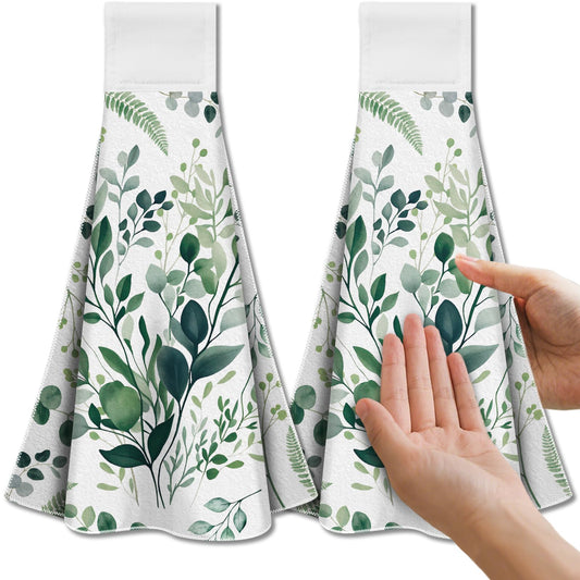 CUTHOLLOW Watercolor Green Leaves Hanging Kitchen Towels with Loop, Set of 2 - Soft & Super Absorbent Microfiber Decorative Hanging Dish & Hand Towel,
