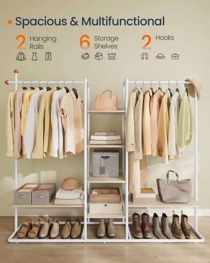 SONGMICS HOME Clothes Rail, Clothes Rack with Shoe Shelf, Heavy-Duty Storage Rack, 6 Storage Shelves, 2 Hanging Rails, Matchstick-Shaped Hooks