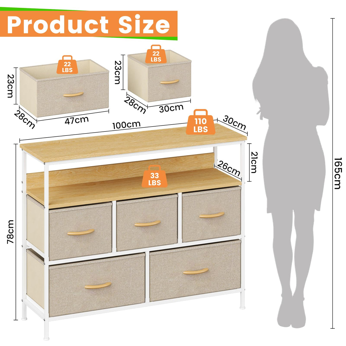 Feonase Chest of Drawers, 5 Drawers Dresser with TV Stand, Metal Frame and MDF Top Board, Adjustable Feet, Storage Unit Ideal for Bedroom