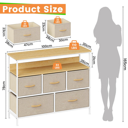 Feonase Chest of Drawers, 5 Drawers Dresser with TV Stand, Metal Frame and MDF Top Board, Adjustable Feet, Storage Unit Ideal for Bedroom