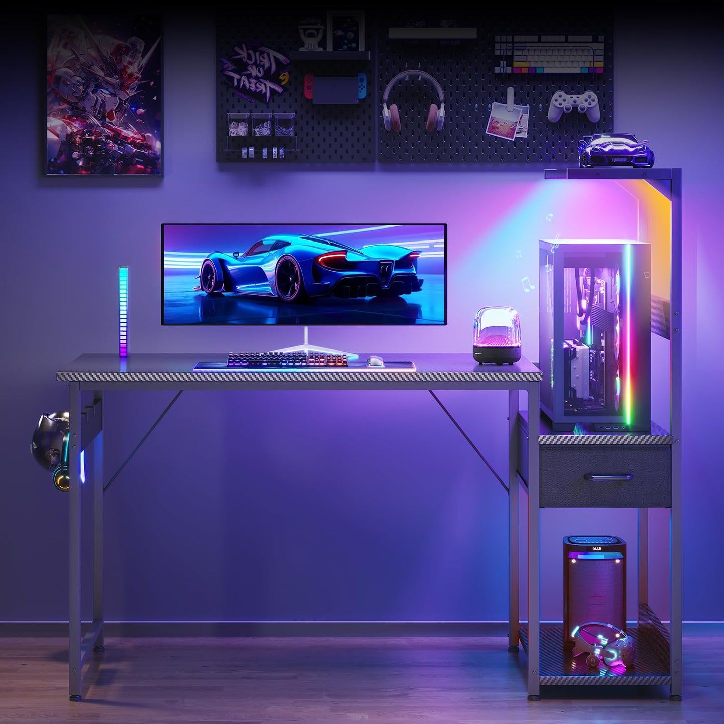 Coleshome 120×48 cm Gaming Desk with LED Lights, Carbon Fiber Black