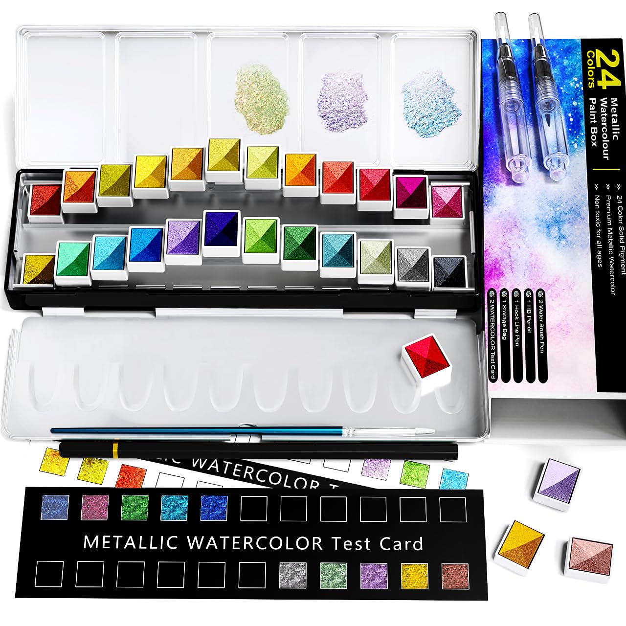 RATEL Metallic Watercolour Paint Set, Premium Glitter Watercolour Solid Paint Box, 24 Metallic Watercolour Paints, Soluble and Mix Well Watercolour