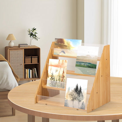 HAIJED Card Display Stand 4 Tier Greeting Card Display Bamboo and Acrylic Card Stand Display Stand for Craft Fairs Multifunctional Card Display Rack