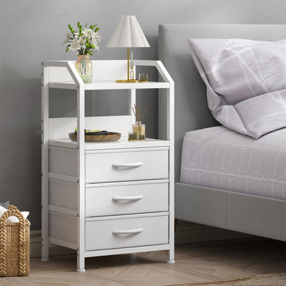 Feonase Bedside Table with 3 Fabric Drawers and Open Shelf, Nightstand for Bedroom, Living Room, Small Spaces – Metal Frame & Wooden Top