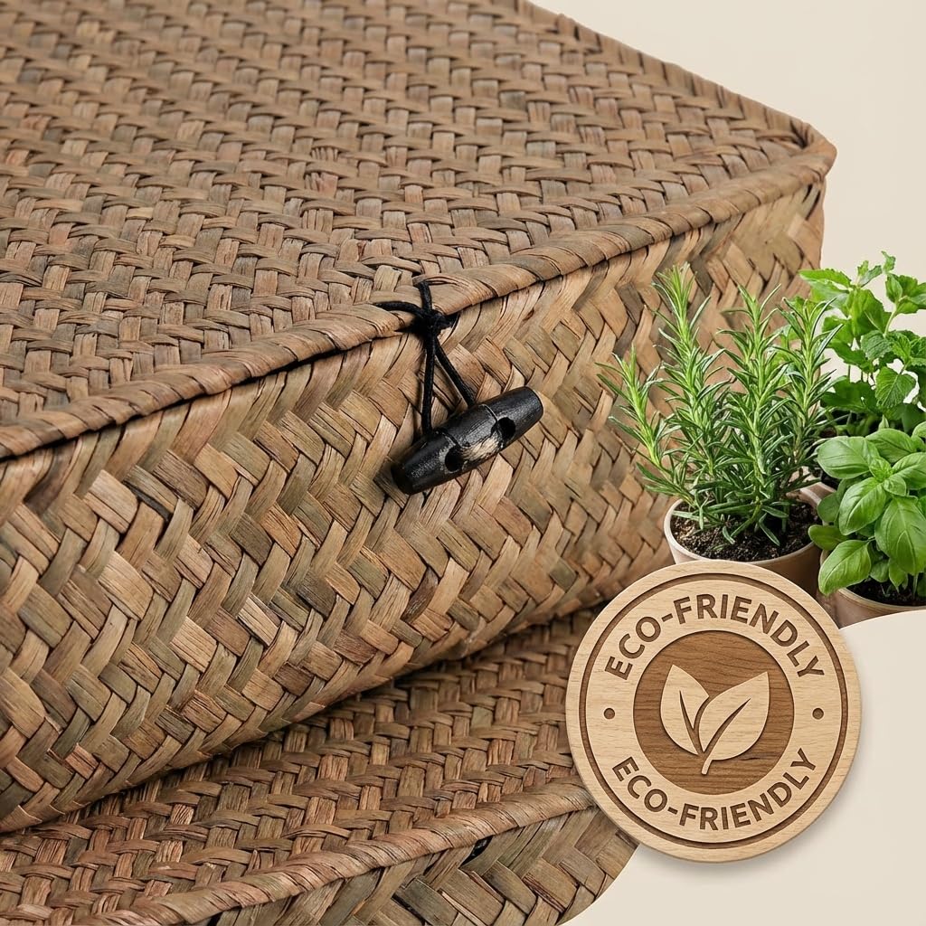 Elsjoy 2 Pack Seagrass Storage Box with Lid, Wicker Storage Baskets Flat Rattan Storage Bins, Woven Organizer Baskets for Shelf, Closet, Bedroom