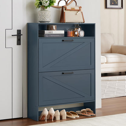 LELELINKY Narrow Slim Shoe Rack Storage Cabinet with for Hallways, Blue