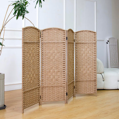 Furnnylane 4 Panel Light Brown Rattan Divider Short Room Partition Screen,Double Sided Short Folding Divider for Room Separation,120 cm Tall