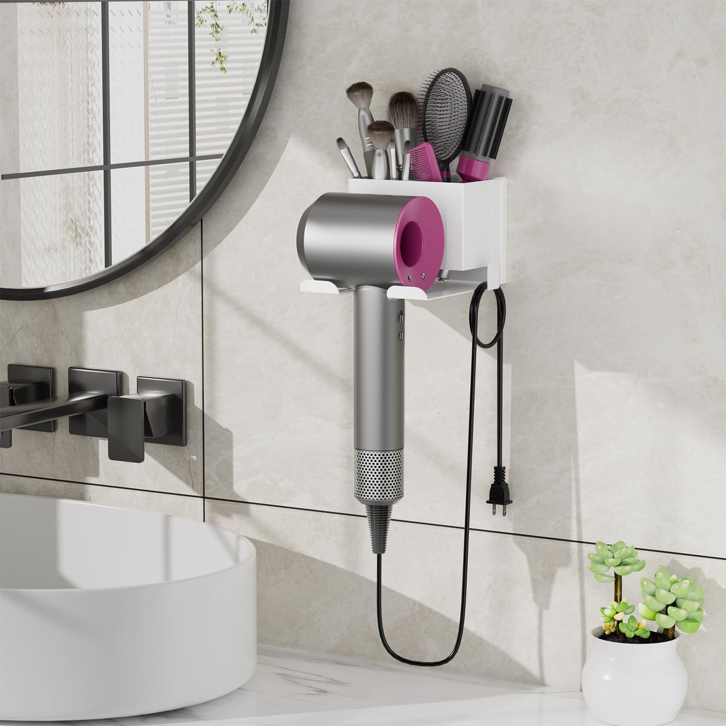 MAYZOLOP Hair Dryer Holder Wall Mounted, No Drill Metal Holder for Hair Tools, Bathroom Storage Organiser with Accessory Tray - Salon, Bedroom, Hotel
