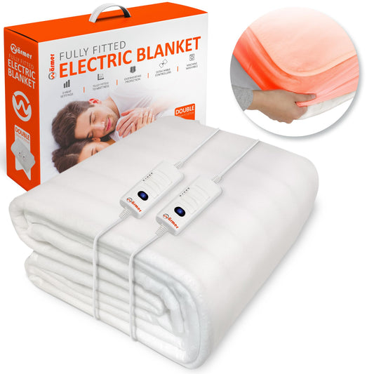 Wrmer Electric Blanket Double Size - Dual Control, Fully Fitted Mattress Cover with Elasticated Skirt, 3 Heat Settings, 2 X Detachable Controllers -