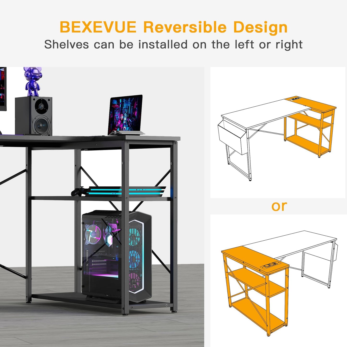 BEXEVUE L Shaped Gaming Desk, 120x70 cm Computer Desk with Storage Bag, Office Desk Small Writing Table with Large Reversible Storage Shelves,