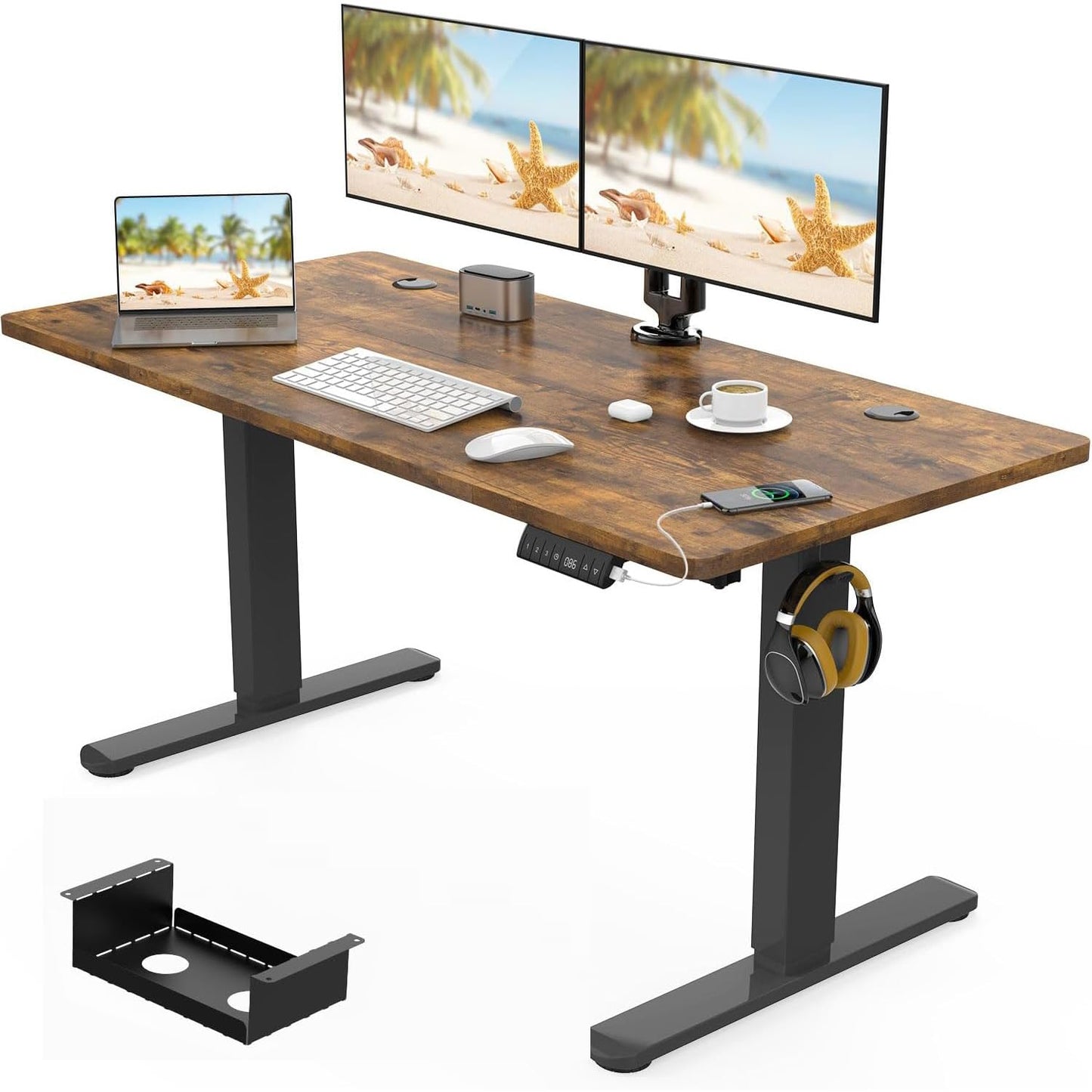 Devoko 120 x 60cm Electric Standing Desk with USB Charging Port (New Sedentary Reminder), Height Adjustable Standing Desk with Cable Tray