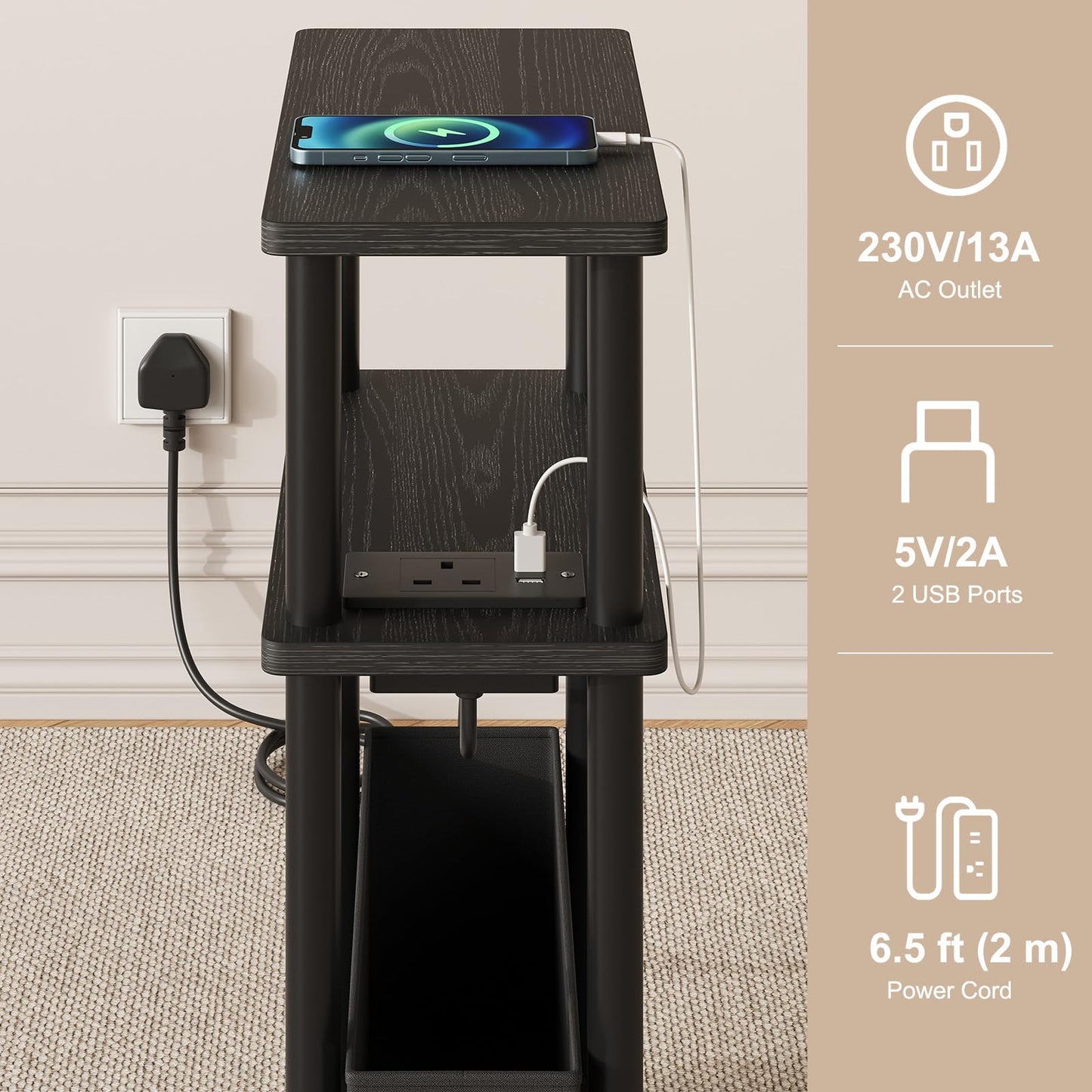 APICIZON Narrow Side Table, 3 Tier Bed Side Table, Slim End Table with Charging Station, for Living Room, Bedroom