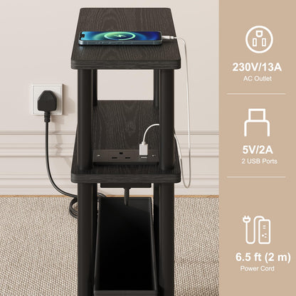 APICIZON Narrow Side Table, 3 Tier Bed Side Table, Slim End Table with Charging Station, for Living Room, Bedroom