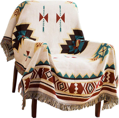 VANJOROY Aztec Sofa Large Throw Blanket with Tassels, 100% Handwoven Cotton Tribal Bohemian Navajo Armchair Throw for 2 3 Seater Settees Couch and