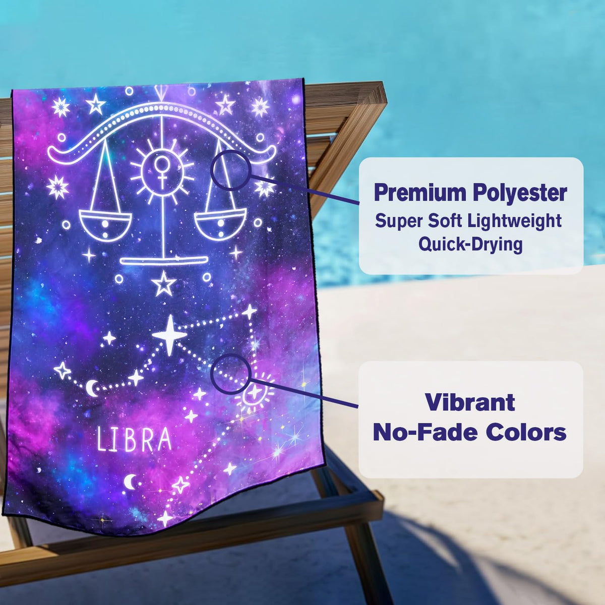 Violetpos Libra Zodiac Sign Beach Towel for Astrology Fans, Extra Large 180x90 cm 250GSM Microfibre, Sand Free Quick Dry