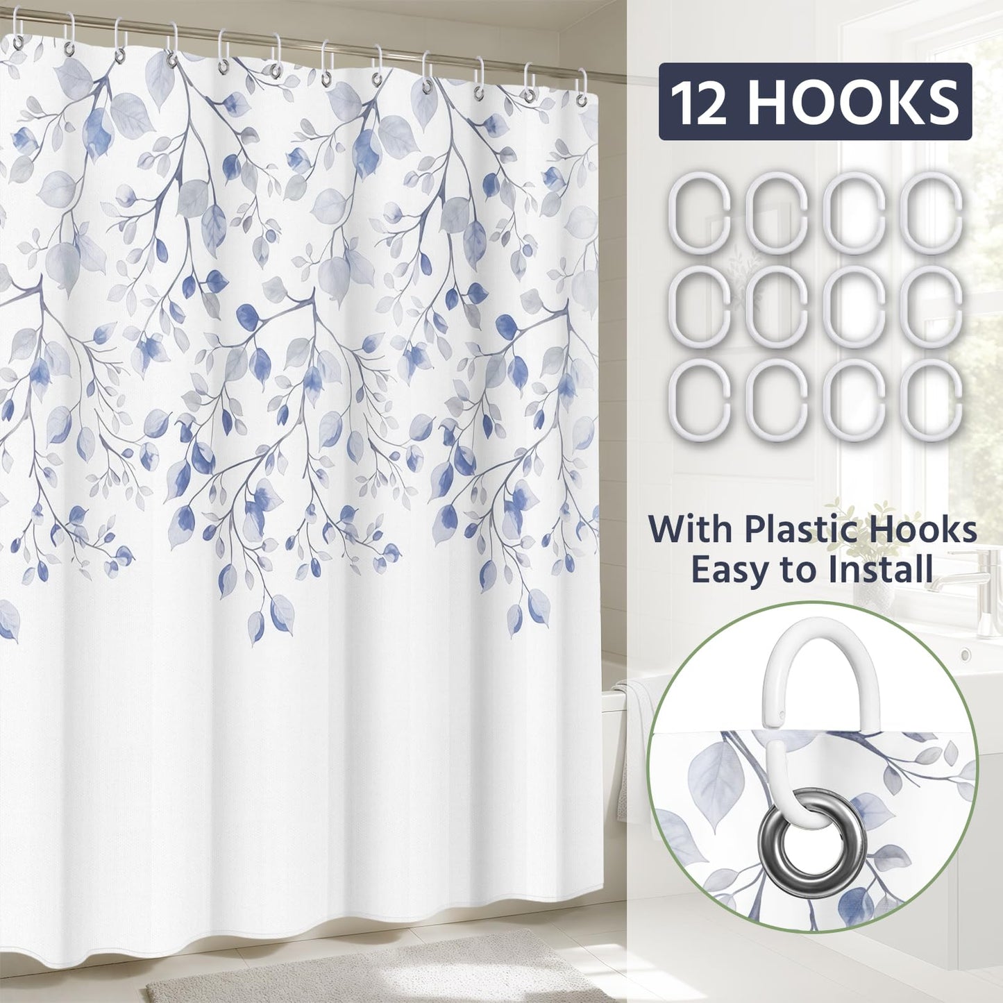 FAVORTALK Shower Curtains Washable Shower Curtain Mould Proof Resistant Waterproof Leaf 180x180cm Bathroom Curtains with Hooks Quick-Drying Polyester