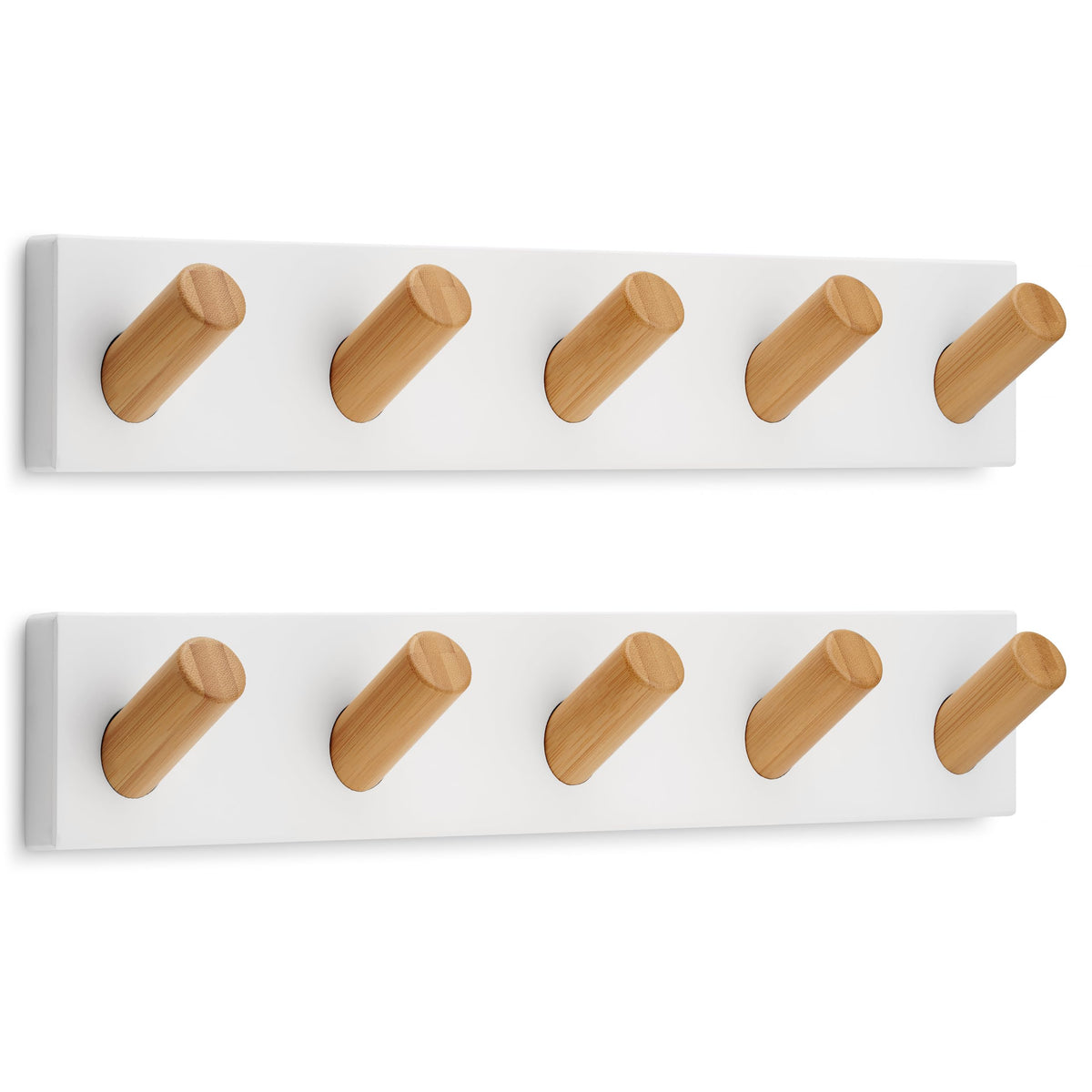 LARHN White Wall-Mounted Coat Rack, 2-Pack - 5 Wooden Coat Hooks, 42cm
