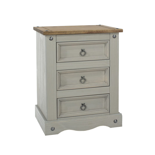 Home Source Solid Pine Wood Distressed Waxed 3 Drawer Bedside Nightstand, Grey