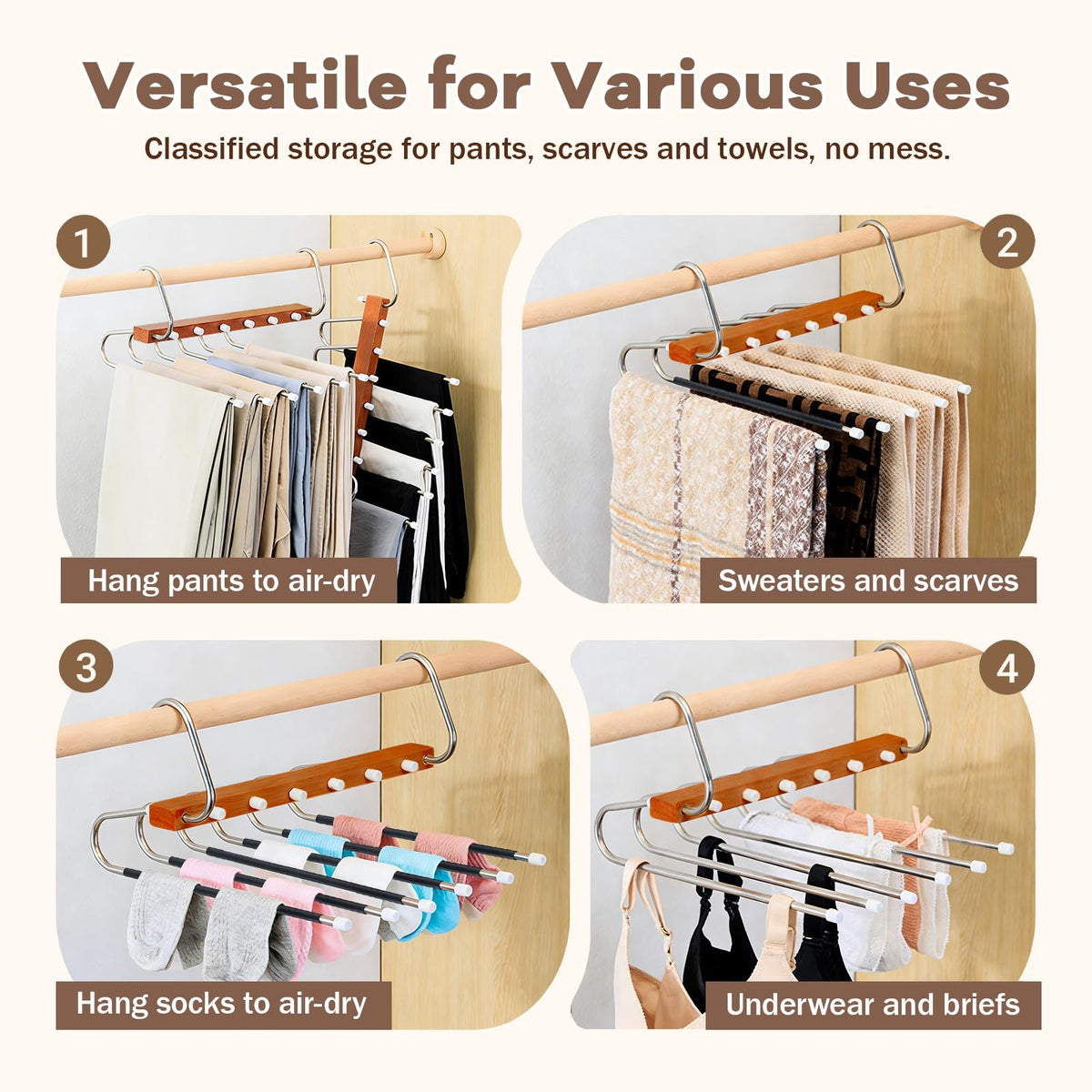 Trouser Hangers Space-Saving, 2 Pack Wooden Foldable with Anti-Slip Hooks