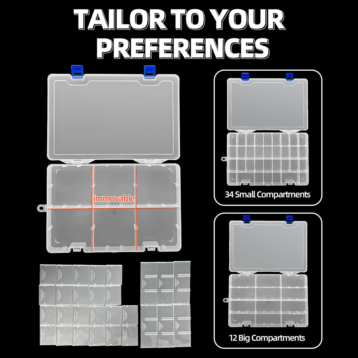Qualsen Storage Boxes with Lids, Plastic Clear, 34 Compartments, White 2PCS