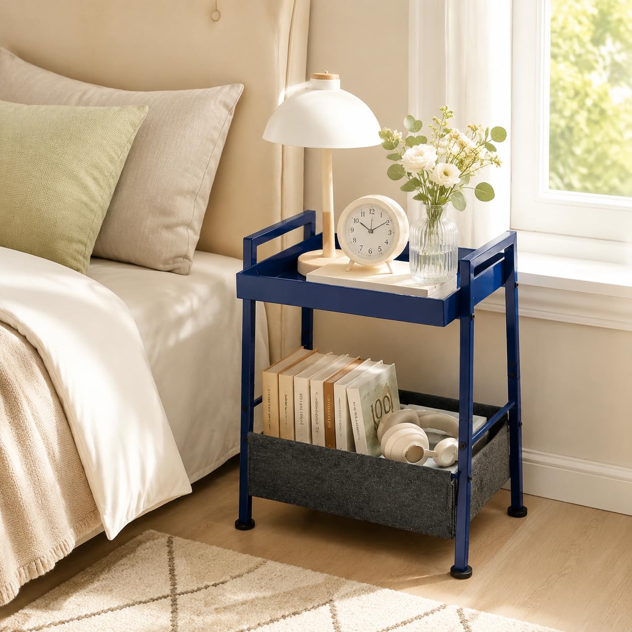 ZEXVIDA Small End Table with Fabric Storage Basket, 2-Tier Modern Metal Side Table with Tray Top, Unique Side Tables
