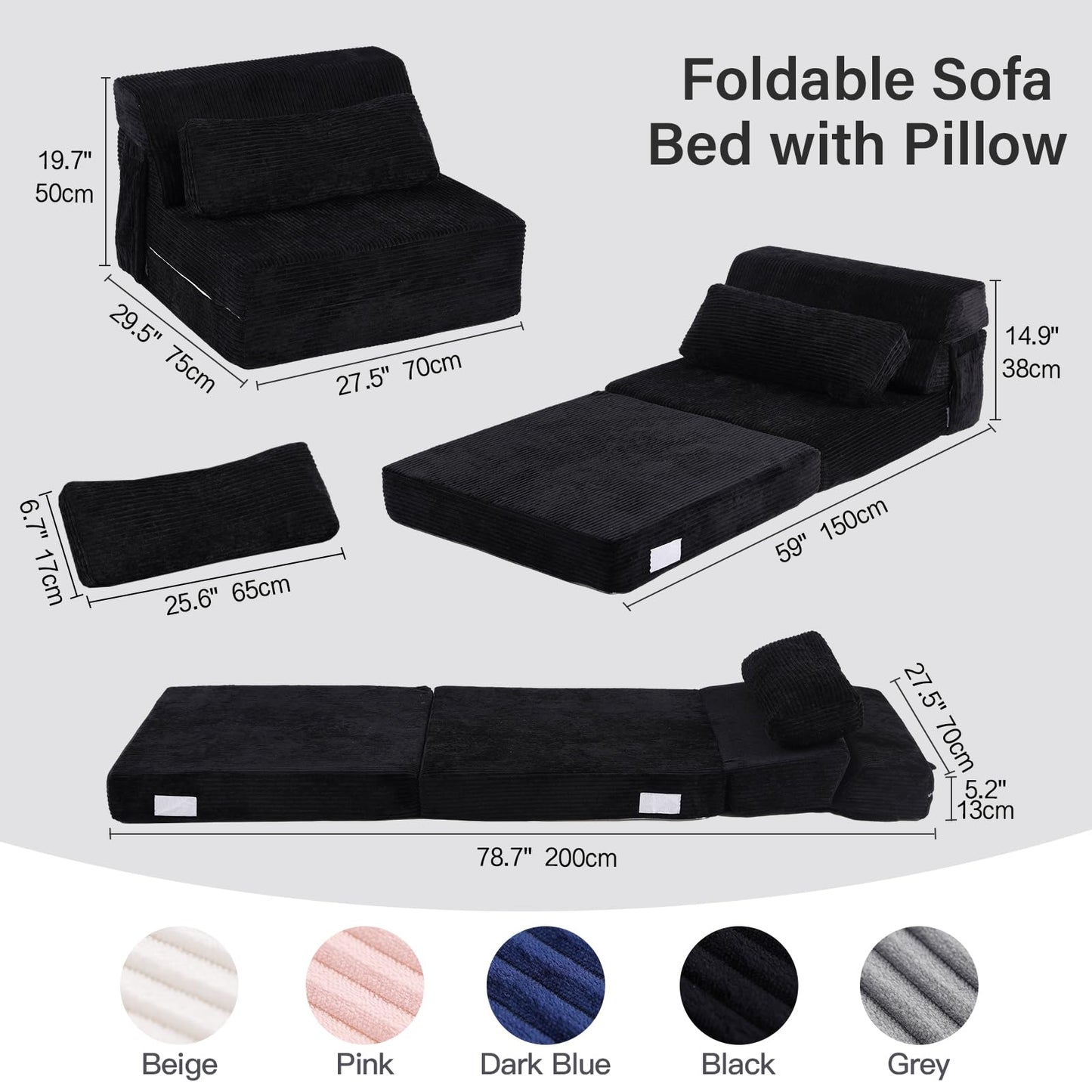 YOTATING Folding Sofa Bed with Pillow, Convertible Sleeper Chair, Comfy Floor Futon Couch Mattress Lounge Sofa for Adults Portable Fold Out Chair Bed