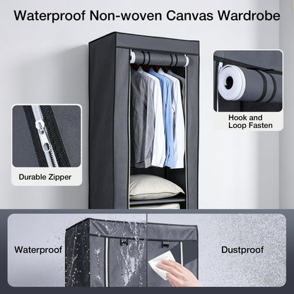 Single Canvas Wardrobe with 2 Drawers and Hanging Rail 160 x 59 x 43CM