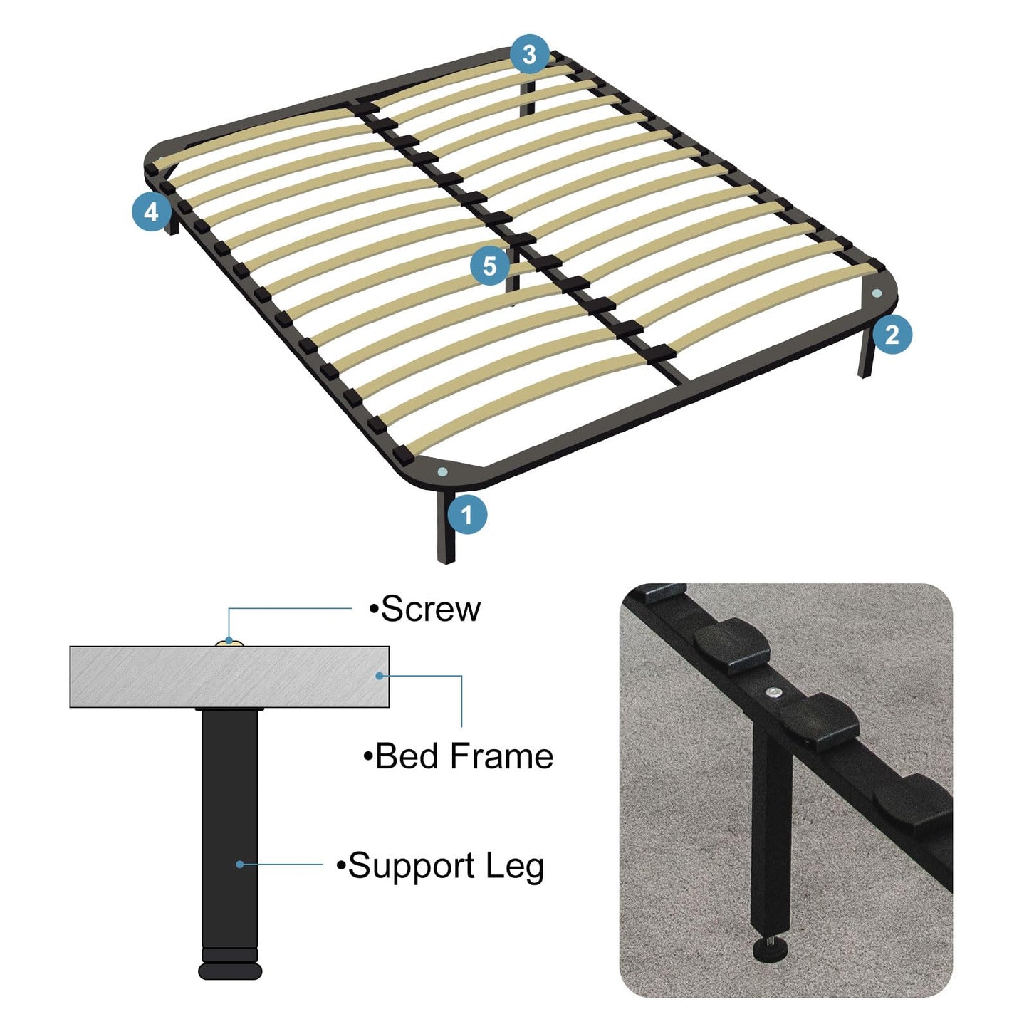 sourcing map Adjustable Height Bed Frame Support Legs Replacement Bed Rail Support Center Frame Slat Feet Risers(200mm-220mm/7.9"-8.7"), Black