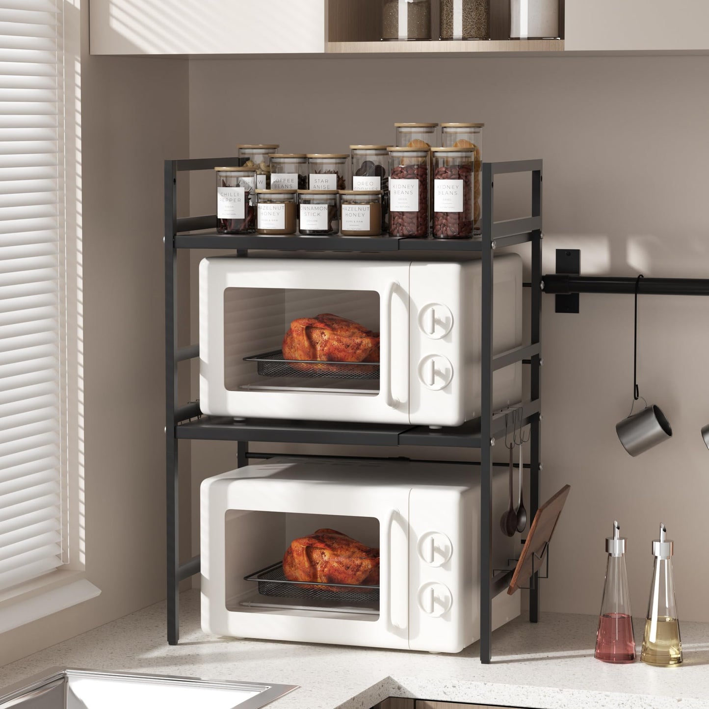 Furnestorica Retractable and Adjustable Microwave Rack, 3-Layer Microwave Shelf Made of Carbon Steel, Robust Holder with 6 Hooks