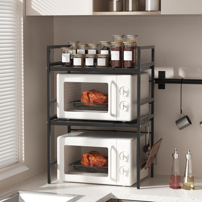 Furnestorica Retractable and Adjustable Microwave Rack, 3-Layer Microwave Shelf Made of Carbon Steel, Robust Holder with 6 Hooks