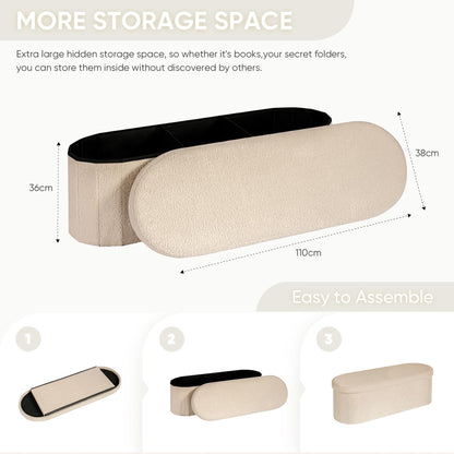 Bonlife Ottoman Storage Bench,Folding Boucle Footstool Oval, End of Bed Stool, Ideal for Living Room, Bedroom, 100L Storage Space,Beige,110x38x38cm
