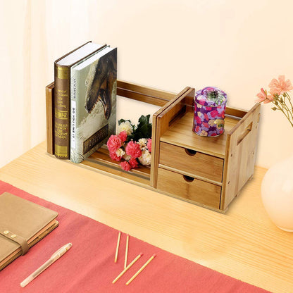 Ejoyous Bamboo Desk Organiser, Extendable Adjustable Desktop Bookcase Multipurpose Wooden Tabletop Bookshelf with 2 Drawers for Living Room Bed Room