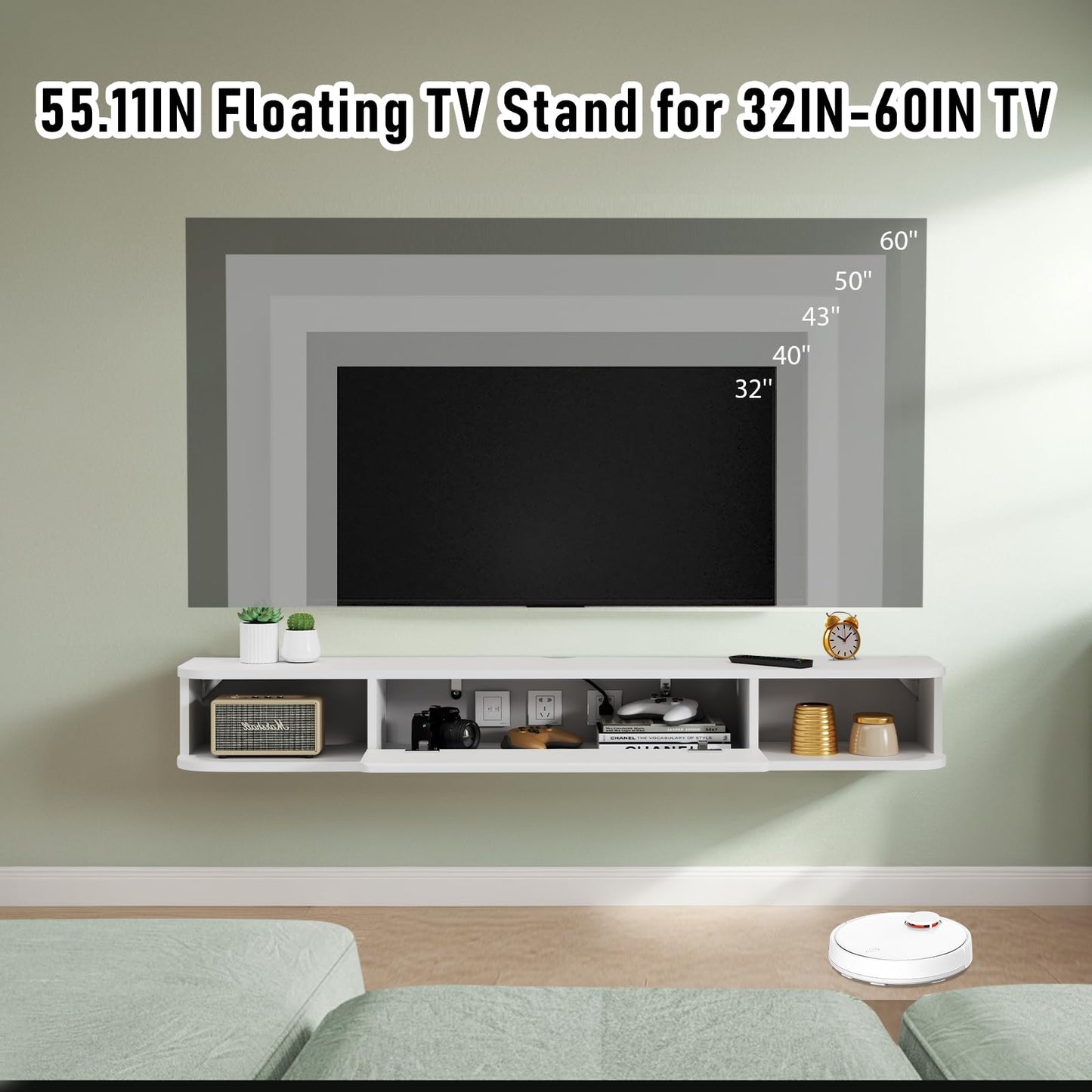 Pmnianhua Floating TV Shelf, Wall Mounted TV Cabinet, Floating Shelves with Door, Modern Entertainment Media Console Center Large Storage Under TV