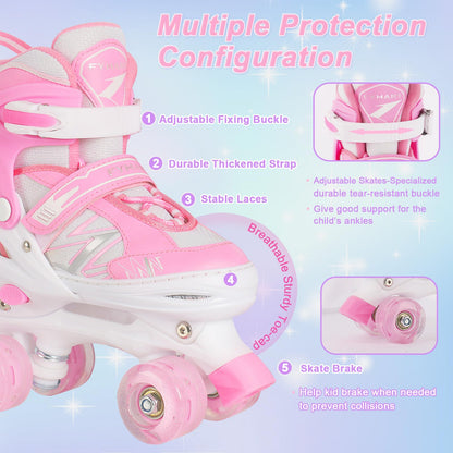 Kids Girls Roller Skates For Toddler Child Beginner, 4 Sizes Adjustable Kids Roller Skates with Light Up Wheels (Pink White, Small)