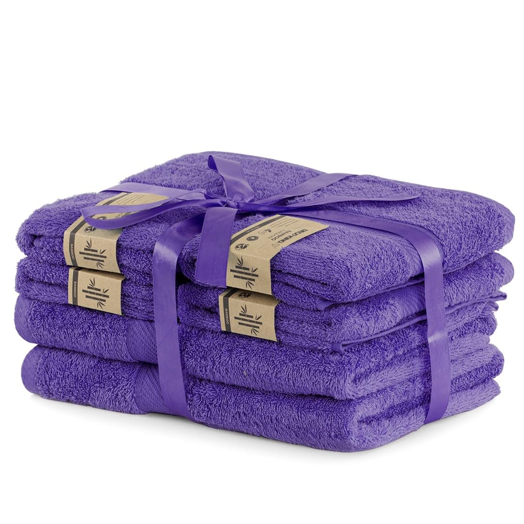 DecoKing Set of 6 Purple Cotton 4 Hand Towels 50 x 100 cm and 2 Bath Towels 70 x 140 cm Bath Towels Bamboo Viscose Absorbent Antibacterial Bamby Plum