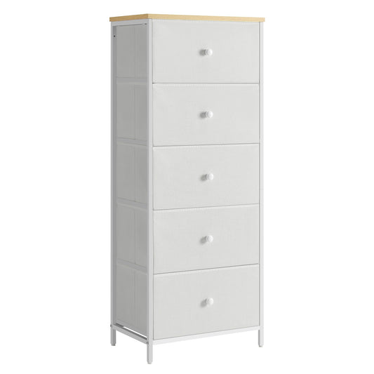 SONGMICS Chest of Drawers Bedroom, Drawer Storage Unit, Dresser with 5 Fabric Drawers, Metal Frame, Tall and Slim, for Closet, Camel Yellow and Cream