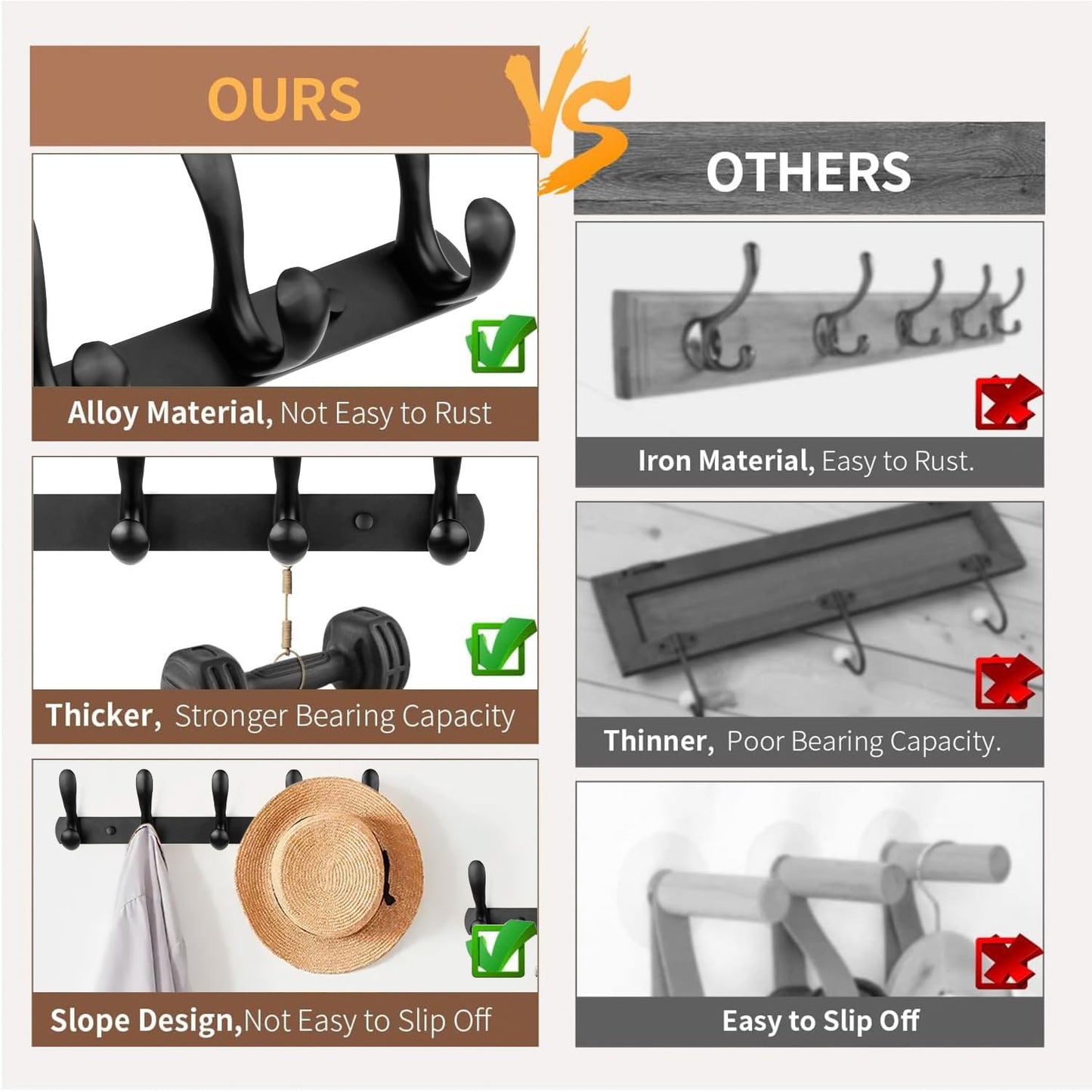 SARIHOSY Black 5-Hook Black Self Adhesive Hooks, Rustic Coat Hooks Hanger Hook Door Hooks Screw in