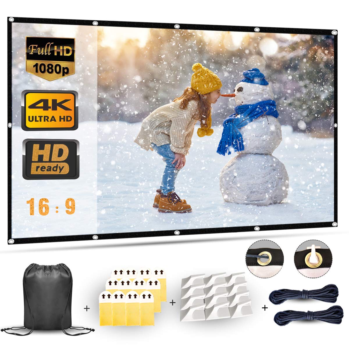 Projector Screen 100 Inch 16:9 HD 4K, Wrinkle-Free Foldable Portable Movie Screen for Indoor Outdoor Home Theater Cinema
