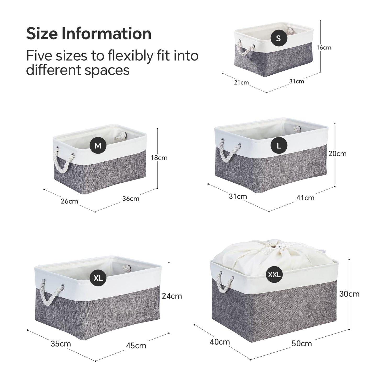Mangata Set of 3 Soft Fabric Storage Baskets with Rope Handles, 41x31x18 cm, Rectangular Shelf & Wardrobe Organiser Boxes
