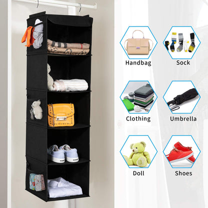 BrilliantJo Hanging Storage with 5 Shelves Set of 2 Wardrobe Closet Organiser, Storage Shelves Unit with 6 Pockets for Clothes