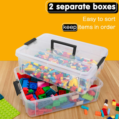 Creahaus 2 Layer Plastic Storage Containers with Lids, Multipurpose Clear Stack & Carry Box